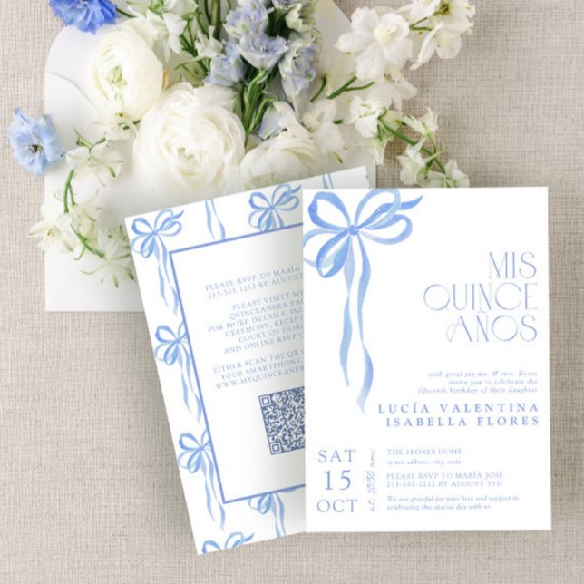 Elegant Blue Bow QR Mis Quince Años Quinceañera  Invitation (Creator Uploaded)