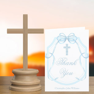 Elegant Blue Bow Ribbon Confirmation Cross Letterpress Thank You Card