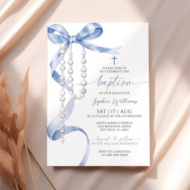 Elegant Blue Bow & Rosary Baptism Invitation (Creator Uploaded)