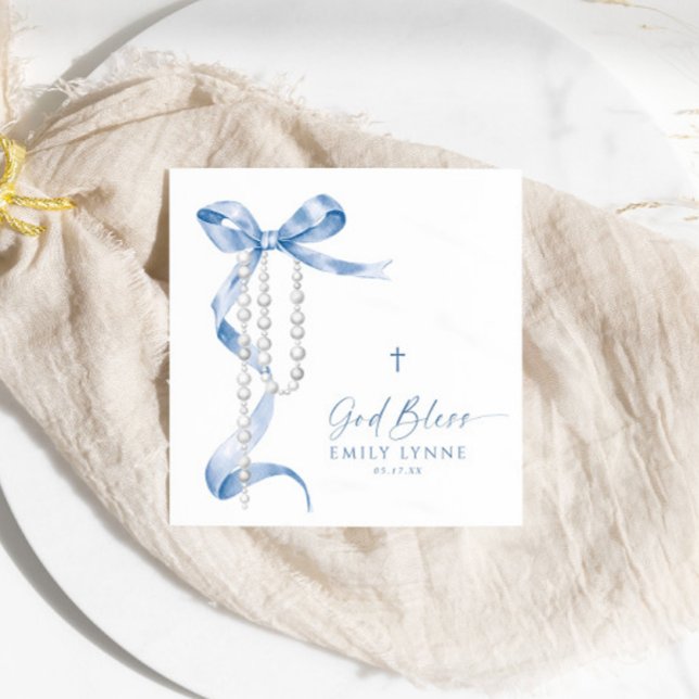 Elegant Blue Bow & Rosary Baptism Napkins (Creator Uploaded)