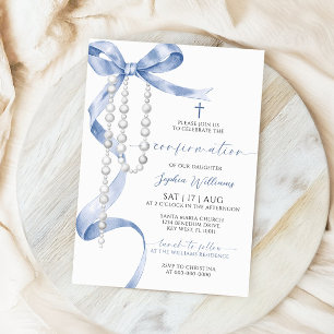 Elegant Blue Bow & Rosary Confirmation Invitation
