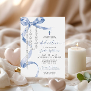Elegant Blue Bow & Rosary Dedication Invitation