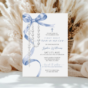 Elegant Blue Bow & Rosary First Holy Communion Invitation