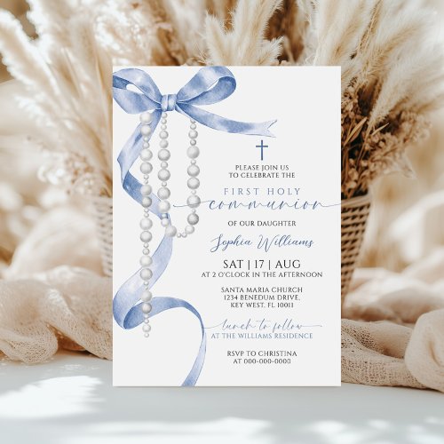 Elegant Blue Bow & Rosary First Holy Communion