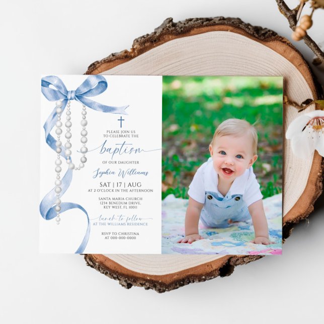 Elegant Blue Bow & Rosary Photo Baptism Invitation (Creator Uploaded)