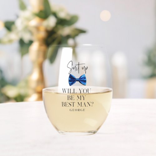 Elegant Blue Bow Tie Custom Best Man Proposal Gift Stemless Wine Glass