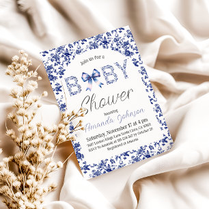 Elegant Blue Bow Toile de Jouy Floral Baby Shower Invitation
