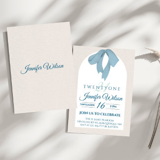 Elegant Blue Bow Twenty-One Birthday Invitation