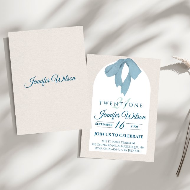 Elegant Blue Bow Twenty-One Birthday Invitation (Creator Uploaded)