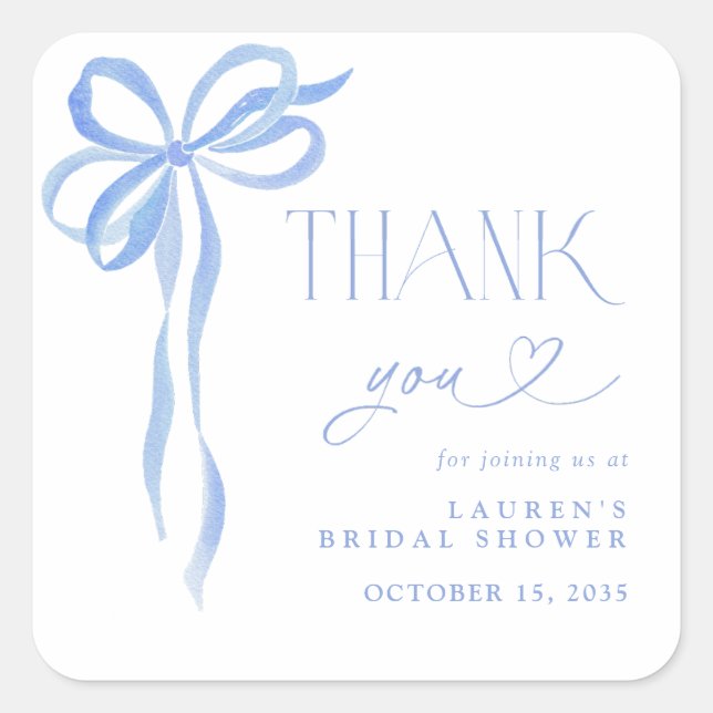 Elegant Blue Bow Watercolor Script Thank You Square Sticker (Front)
