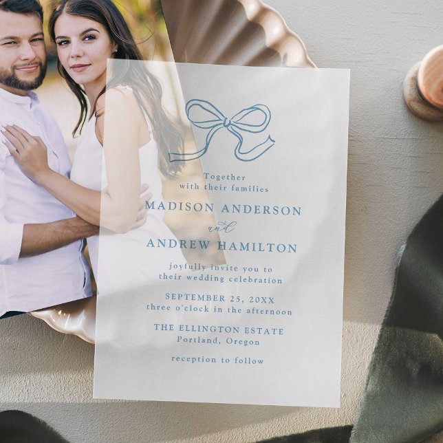 Elegant Blue Bow Wedding Vellum Invitations (Creator Uploaded)