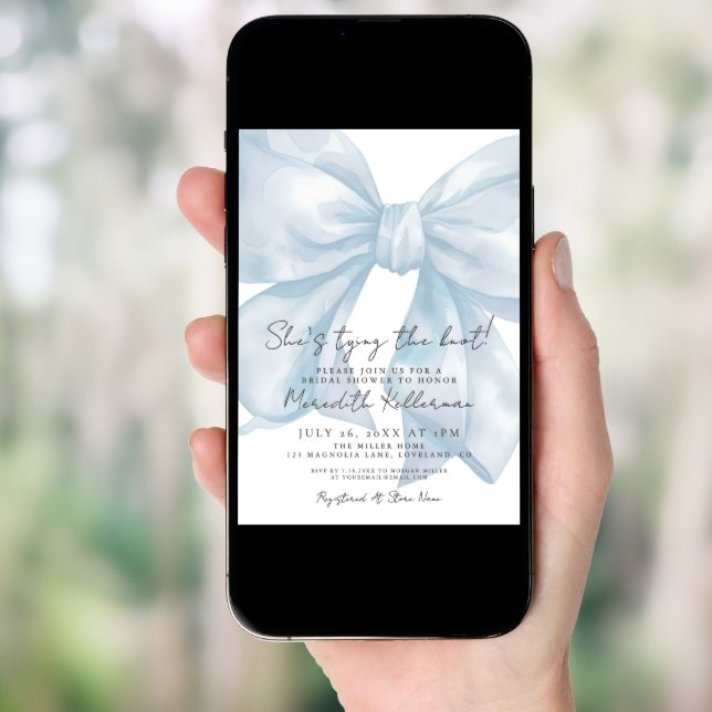 Elegant Blue Bow Whimsical Bridal Shower Invitation (Front Digital)