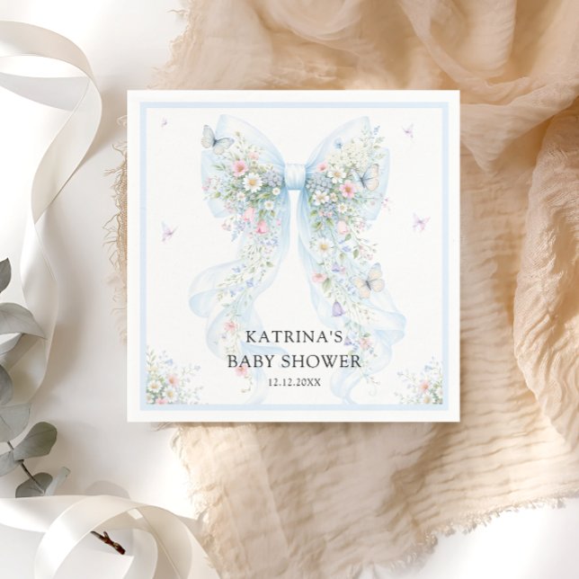 Elegant Blue Bow Wildflower Baby Shower Napkins (Creator Uploaded)