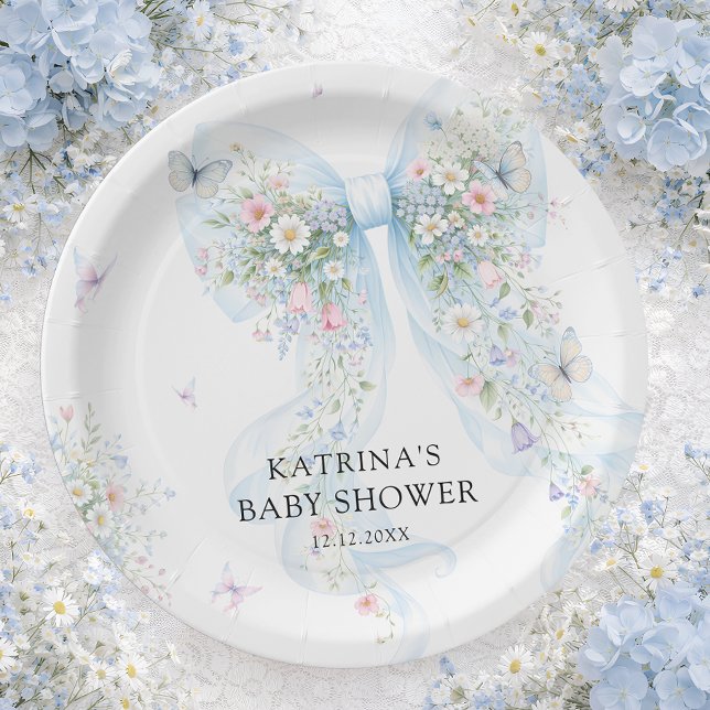Elegant Blue Bow Wildflower Baby Shower Paper Plates (Creator Uploaded)