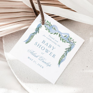 Elegant Blue Bow with Greenery Boy Baby Shower Favor Tags