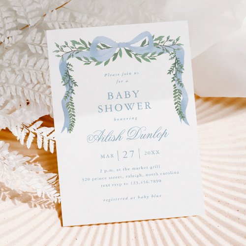 Elegant Blue Bow with Greenery Boy Baby Shower Invitation