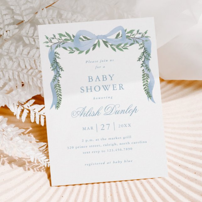 Elegant Blue Bow with Greenery Boy Baby Shower Invitation (Elegant Blue Bow Greenery Boy Baby Shower Invitation.)