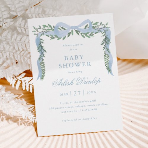 Elegant Blue Bow with Greenery Boy Baby Shower Magnetic Invitation