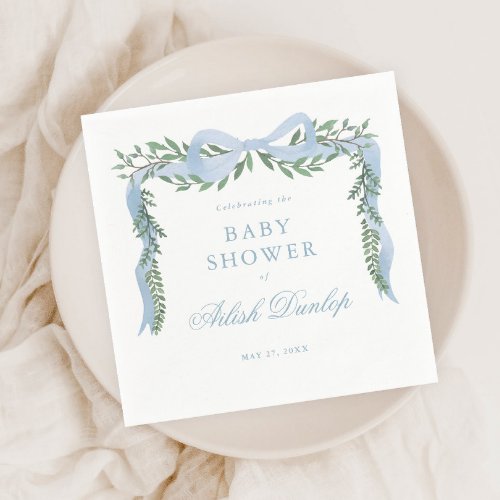 Elegant Blue Bow with Greenery Boy Baby Shower Napkins