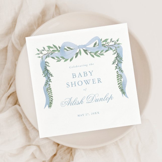 Elegant Blue Bow with Greenery Boy Baby Shower Napkins (Elegant blue bow greenery baby shower napkins.
)