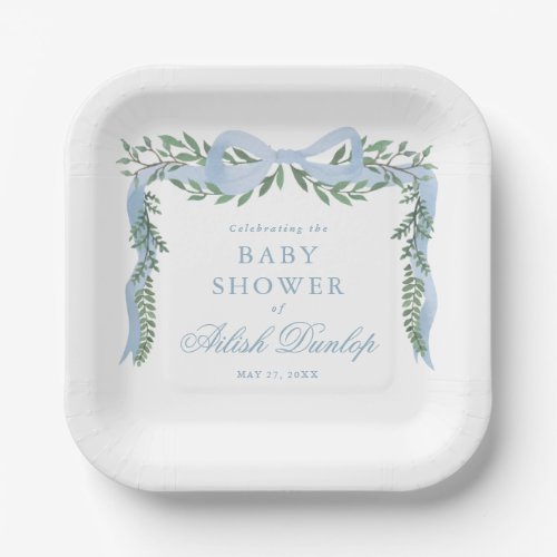 Elegant Blue Bow with Greenery Boy Baby Shower Paper Plates