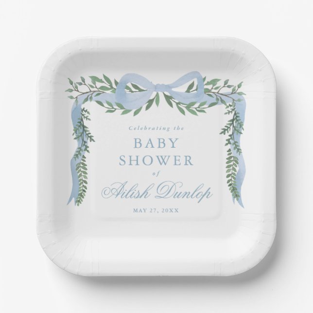 Elegant Blue Bow with Greenery Boy Baby Shower Paper Plates (Front)