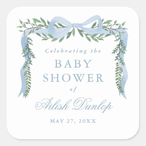 Elegant Blue Bow with Greenery Boy Baby Shower Square Sticker