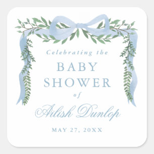 Elegant Blue Bow with Greenery Boy Baby Shower Square Sticker