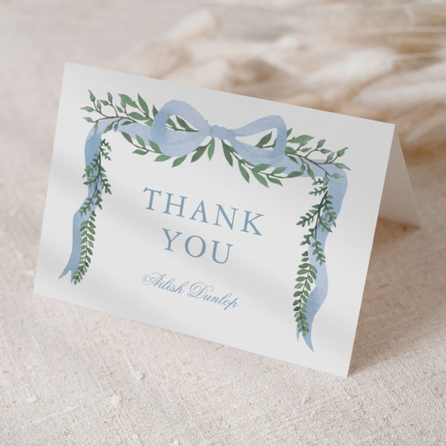 Elegant Blue Bow with Greenery Boy Baby Shower Thank You Card (Elegant blue boy boys baby shower thank you card.)