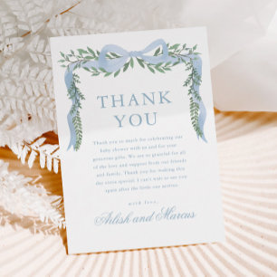 Elegant Blue Bow with Greenery Boy Baby Shower Thank You Card