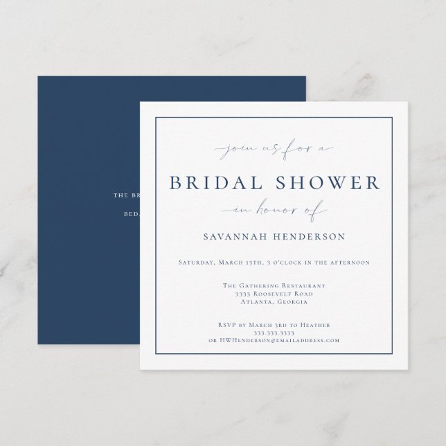 Elegant Blue Bridal Shower Classic Invitation (Front/Back)