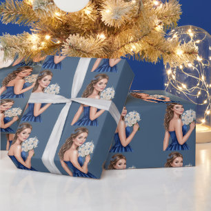 Elegant Blue Bridesmaid Portrait Illustration Wrapping Paper