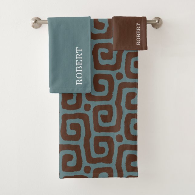 Elegant Blue &Brown Abstract Pattern Monogram Bath Towel Set (Insitu)