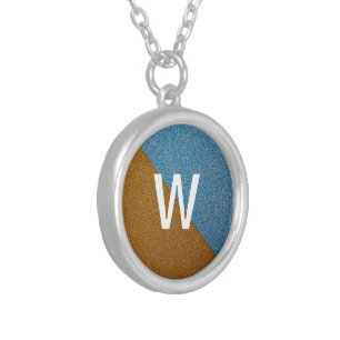 Elegant Blue &Brown Glitter Monogram Silver Plated Necklace