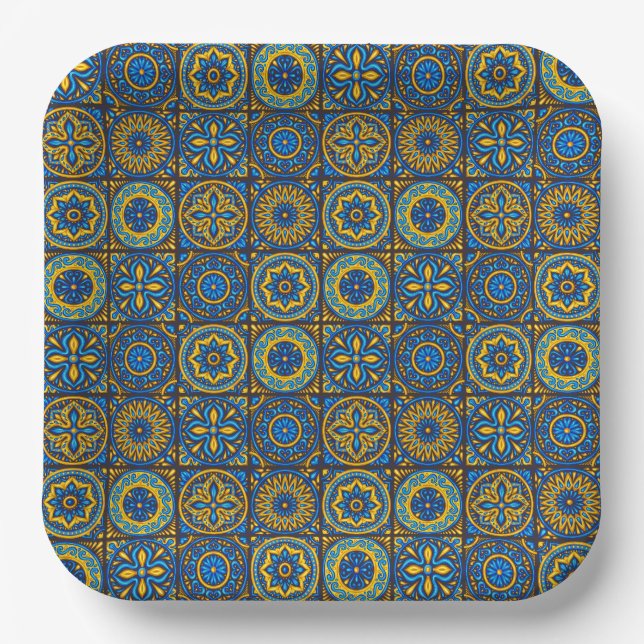 Elegant blue& brown Moroccan  pattern  Paper Plates (Front)