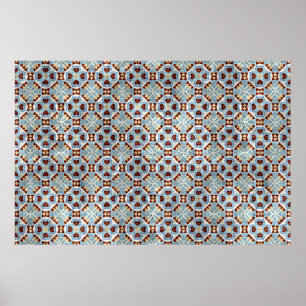 Elegant Blue Brown Mosaic Kaleidoscope Pattern Poster