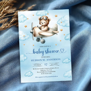 Elegant Blue Brown Teddy Bear Pilot Baby Shower  Invitation