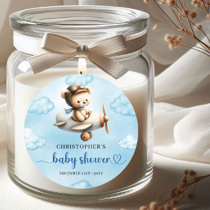 Elegant Blue Brown Teddy Bear Pilot Boy Baby Showe Classic Round Sticker