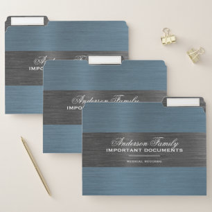 Elegant Blue Brushed Metal Important Documents File Folder