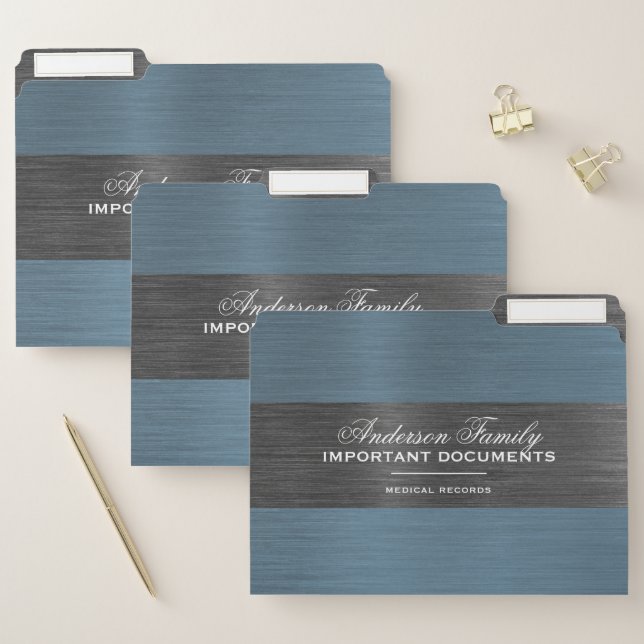 Elegant Blue Brushed Metal Important Documents File Folder (Set)