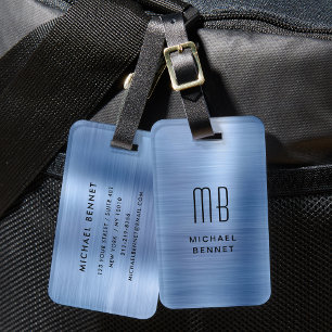 Elegant Blue Brushed Metal Monogrammed Luggage Tag