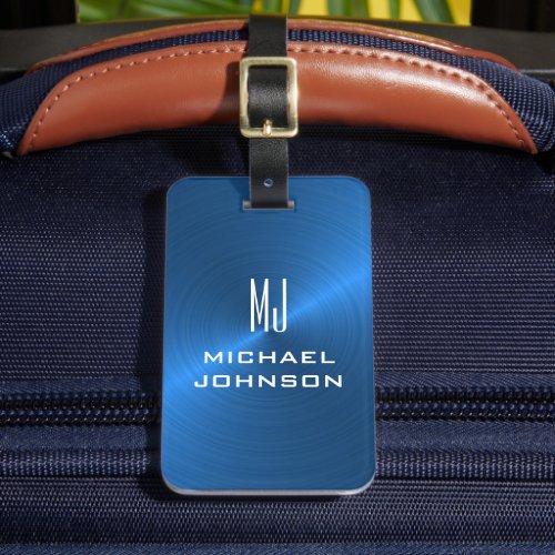 Elegant Blue Brushed Metallic Monogrammed Initial  Luggage Tag