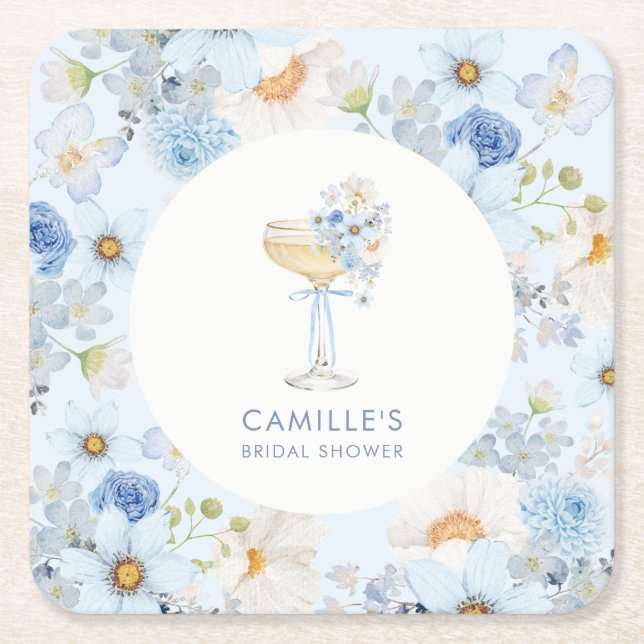 Elegant Blue Bubbly Brunch Bridal Shower  Square Paper Coaster (Front)