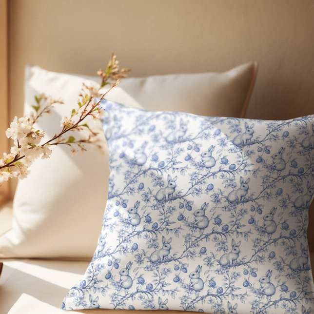 Elegant Blue Bunny Toile Easter Throw Pillow (Creator Uploaded)