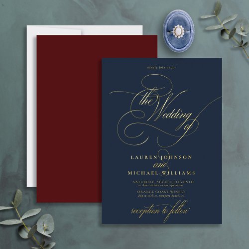 Elegant Blue Burgundy Gold Calligraphy Wedding Foil Invitation