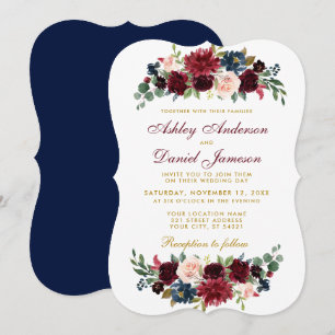 Elegant Blue Burgundy Watercolor Floral Wedding BR Invitation