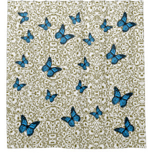 Elegant Blue Butterflies and Gold Leaves Botanical Shower Curtain