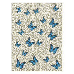 Elegant Blue Butterflies and Gold Leaves Botanical Tablecloth
