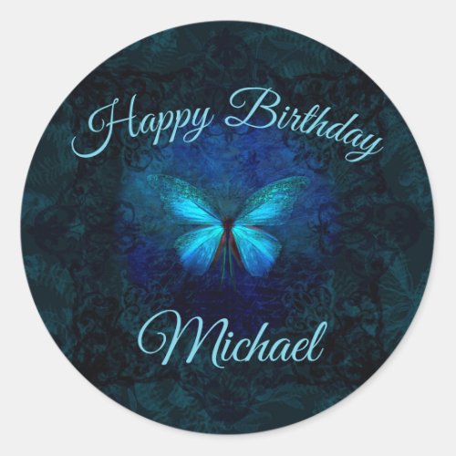 Elegant Blue Butterfly Birthday Classic Round Sticker