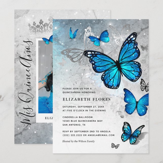 Elegant Blue Butterfly Cinderella Quinceanera Invitation (Front/Back)